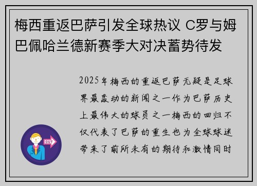 梅西重返巴萨引发全球热议 C罗与姆巴佩哈兰德新赛季大对决蓄势待发