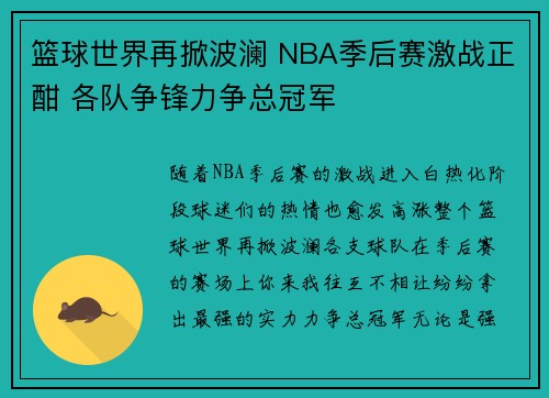 篮球世界再掀波澜 NBA季后赛激战正酣 各队争锋力争总冠军